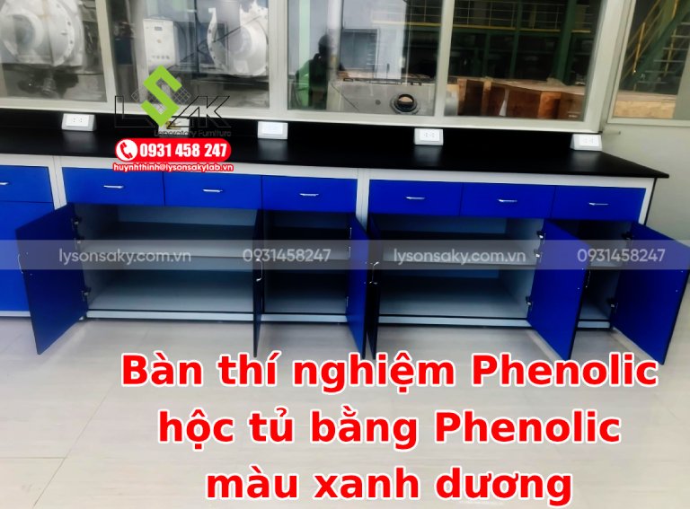 Bàn thí nghiệm Phenolic hộc tủ bằng Phenolic màu xanh dương