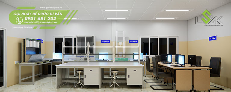 Dãy bàn thí nghiệm áp tường và bàn thí nghiệm trung tâm sử dụng khung thép sơn tĩnh điện