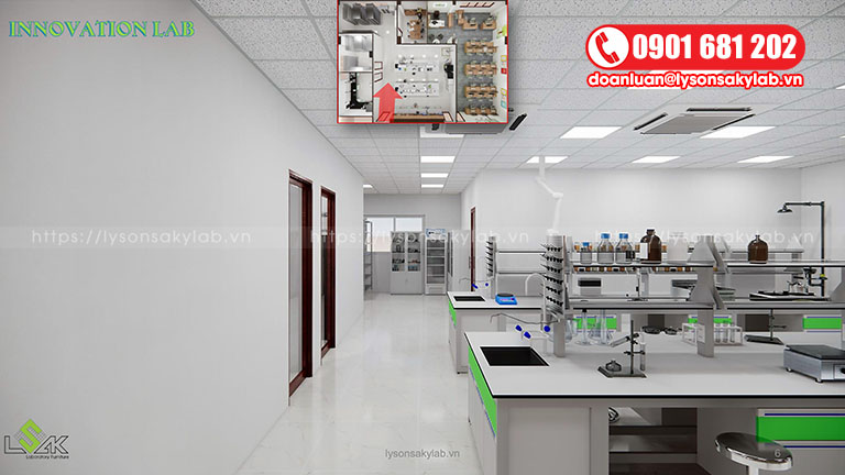 Phòng Innovation Lab bố trí 2 dãy bàn thí nghiệm trung tâm 5400x1500x800mm DxRxC