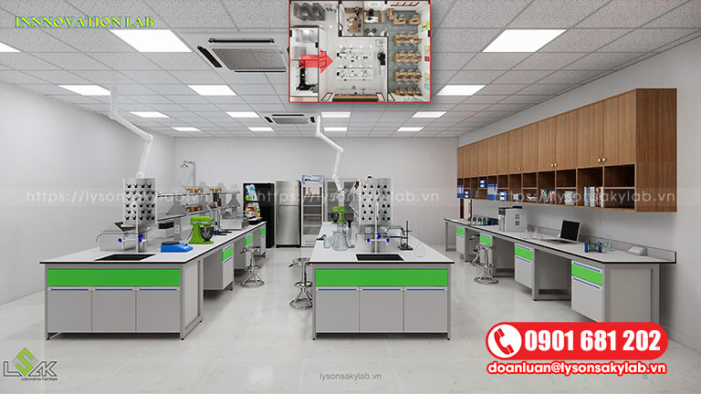 Phòng Innovation Lab bố trí 2 dãy bàn thí nghiệm trung tâm 5400x1500x800mm DxRxC