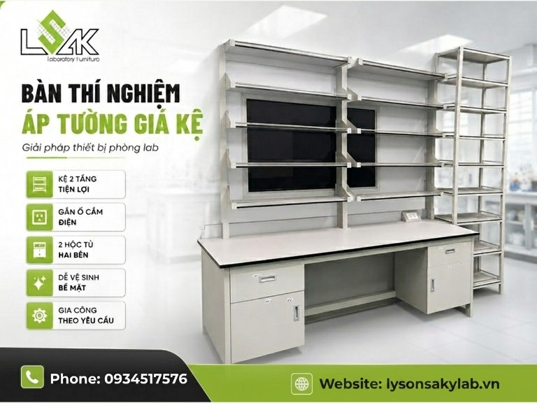 Bàn thí nghiệm áp tường giá kệ